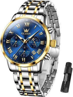 Olevs Men's Silver Multifunction Blue Face Waterproof Luminous Chronograph Watch